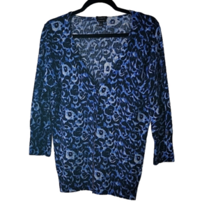 TALBOT'S floral cardigan in shades of blue, lightweight 100% merino wool, Size M